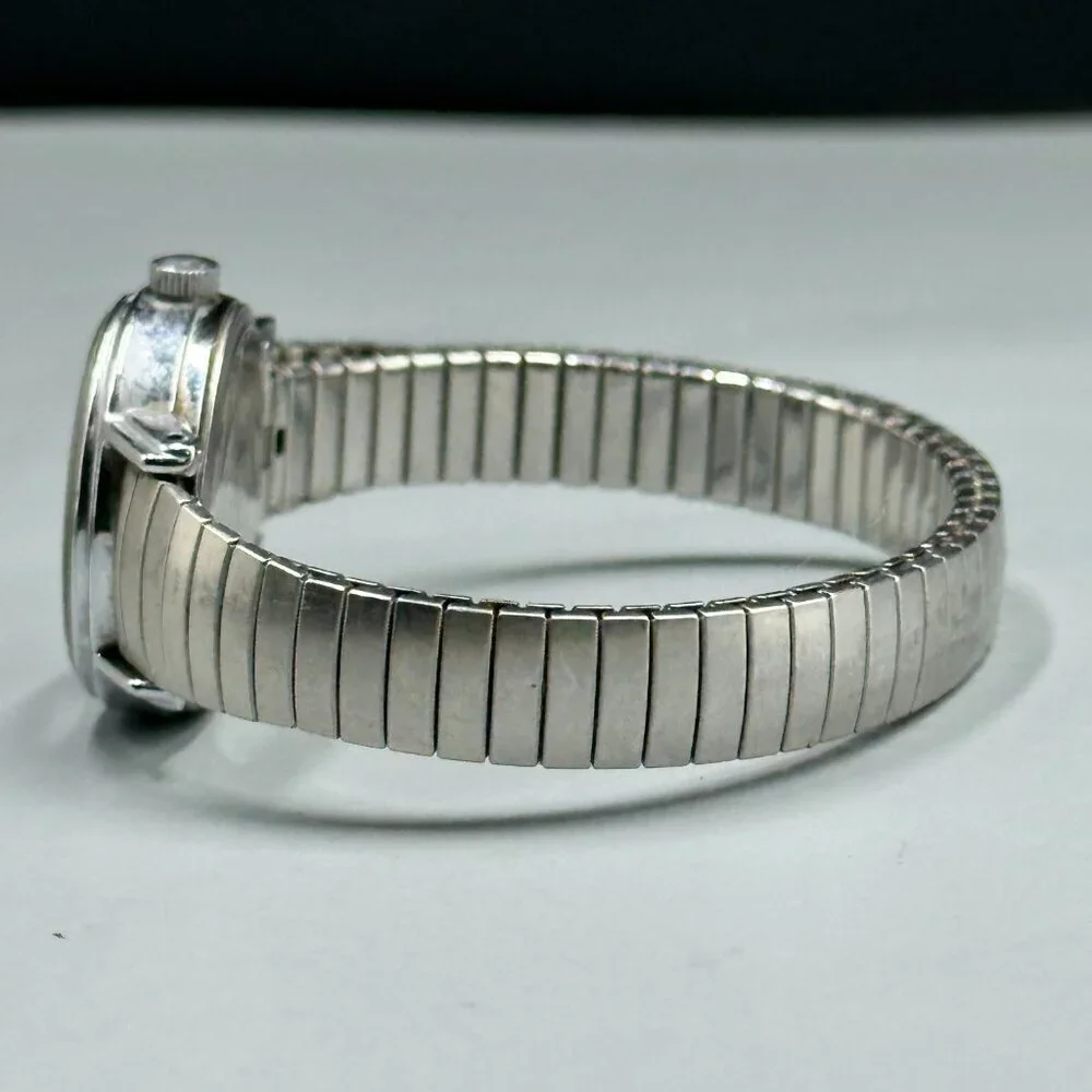 3/$30 Timex Indiglo Watch Women Silver White Dial Stretch Band 23MM Works 6